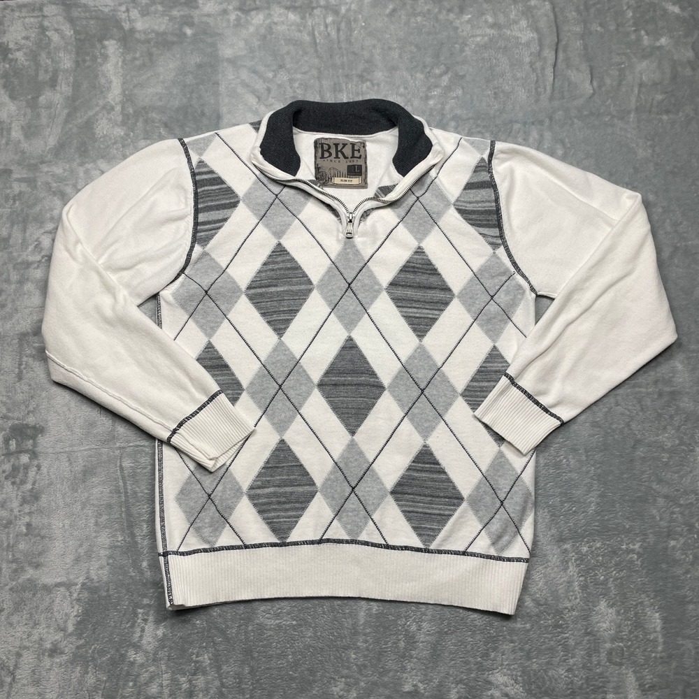BKE Quarter Zip Pullover Mens Large‎ White Grey Argyle Slim Fit